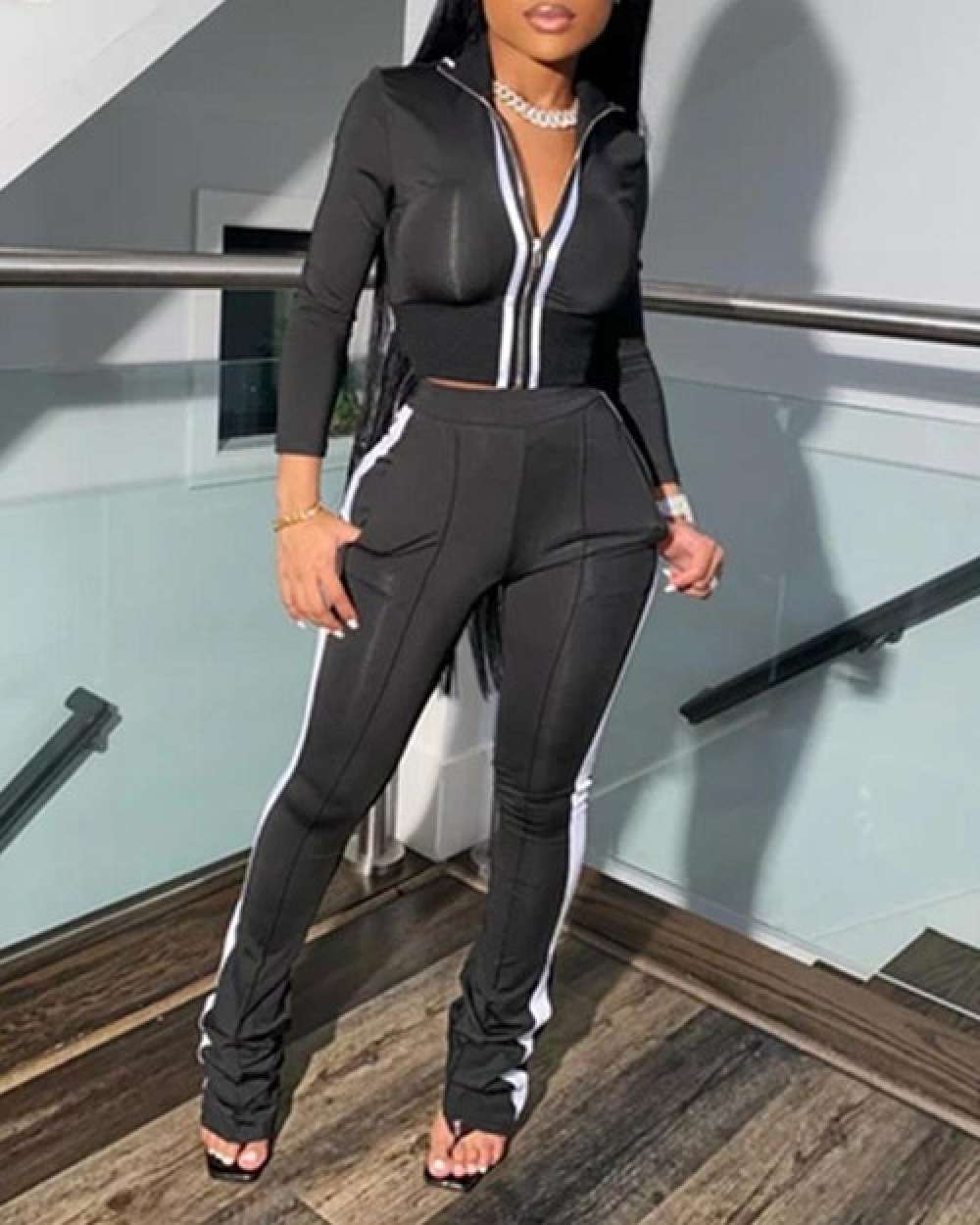 Sporty striped tape coat pants set