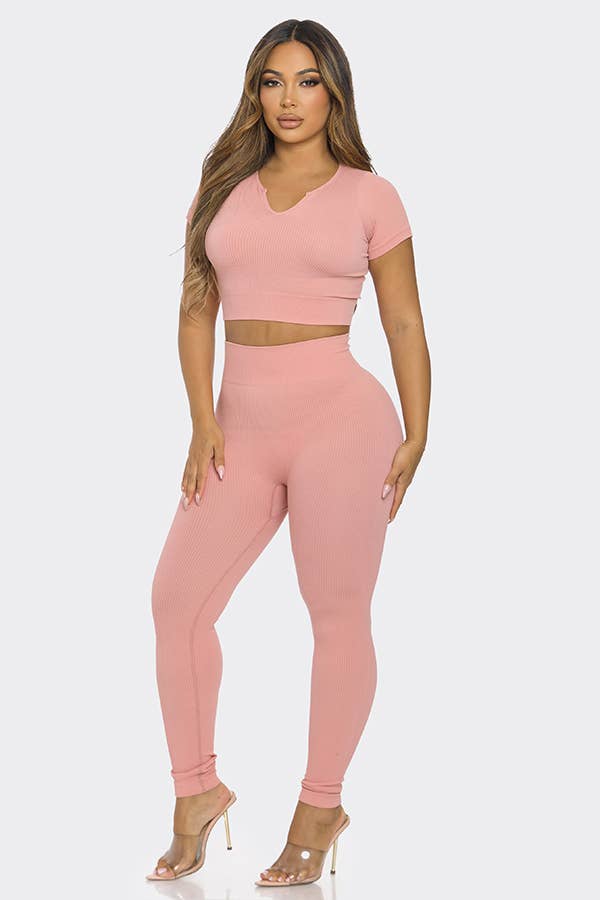2 Pcs Seamless V Neck Split Neck Top and Legging Set