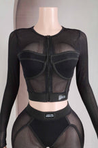 popcorn mesh long sleeve top legging set stylish streetwear look