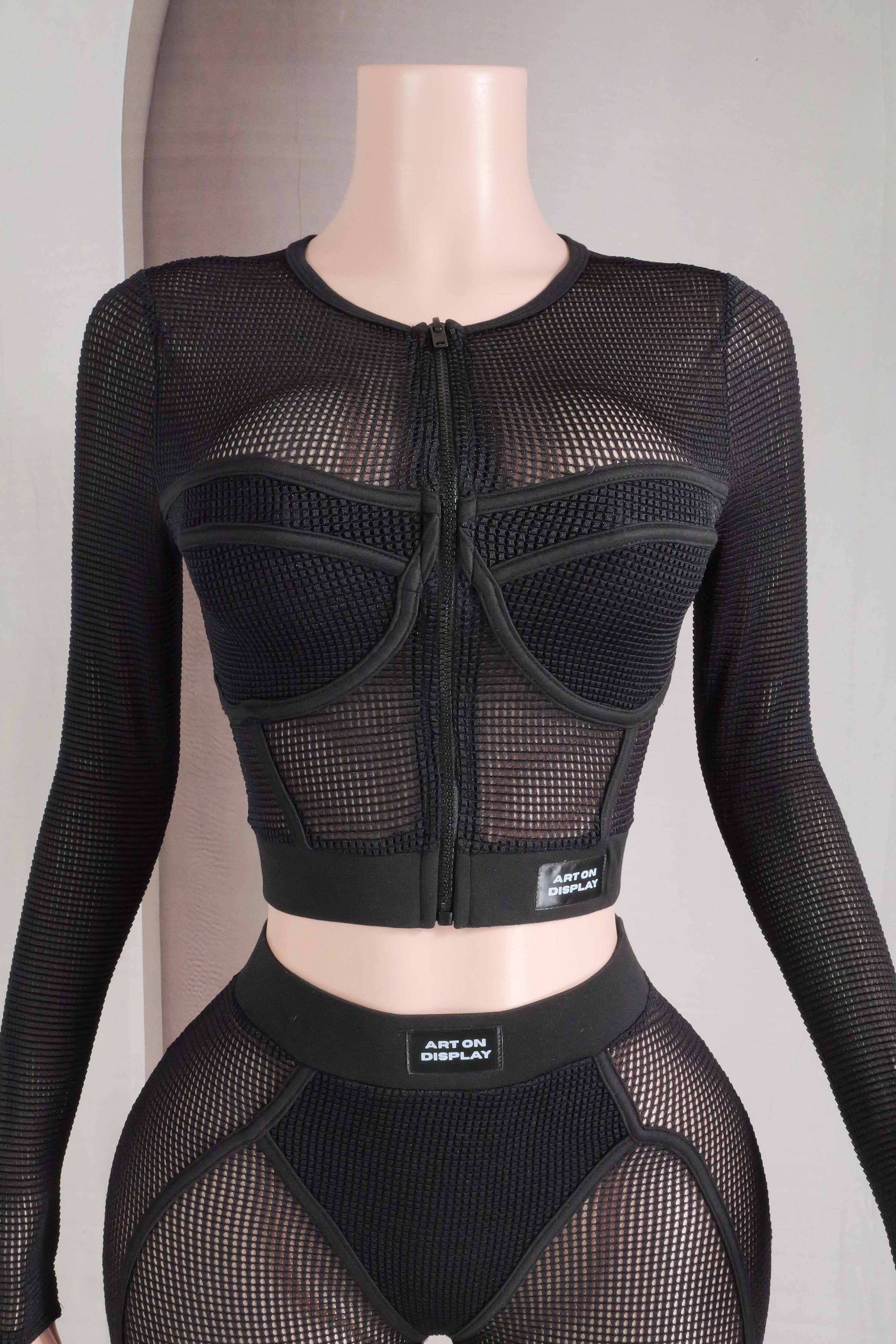 popcorn mesh long sleeve top legging set stylish streetwear look