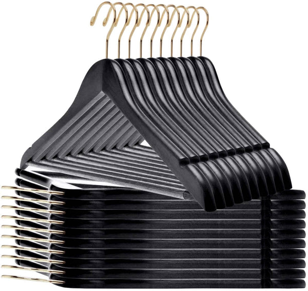 W070-30 Semi Curved Wooden Hangers, 17.5" -Black/Gold Hook