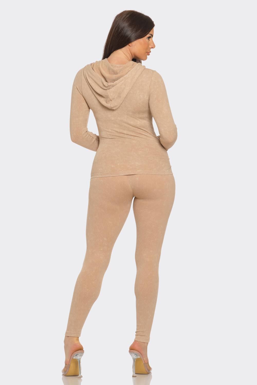 Washed Seamless Rib Zip Up Hoodie Jacket And Leggings Set