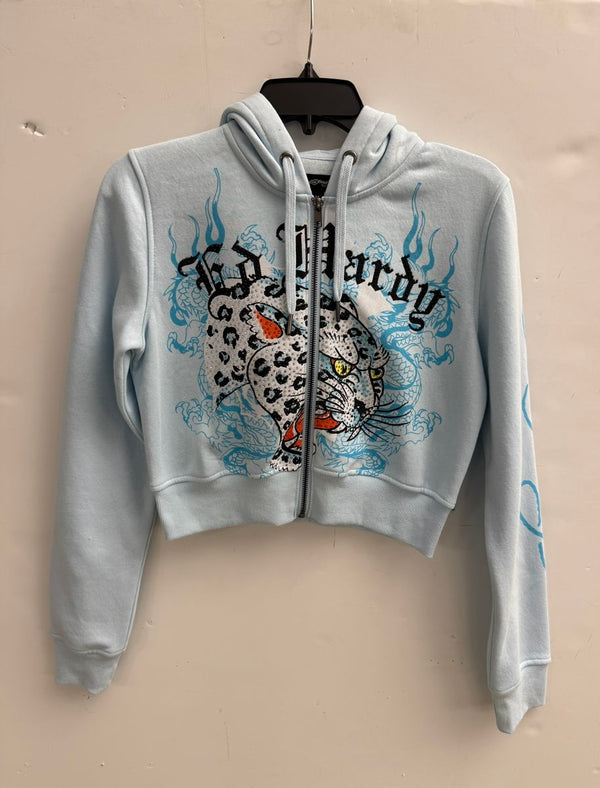 BLUE LEOPARD ZIP FRONT HOODIE