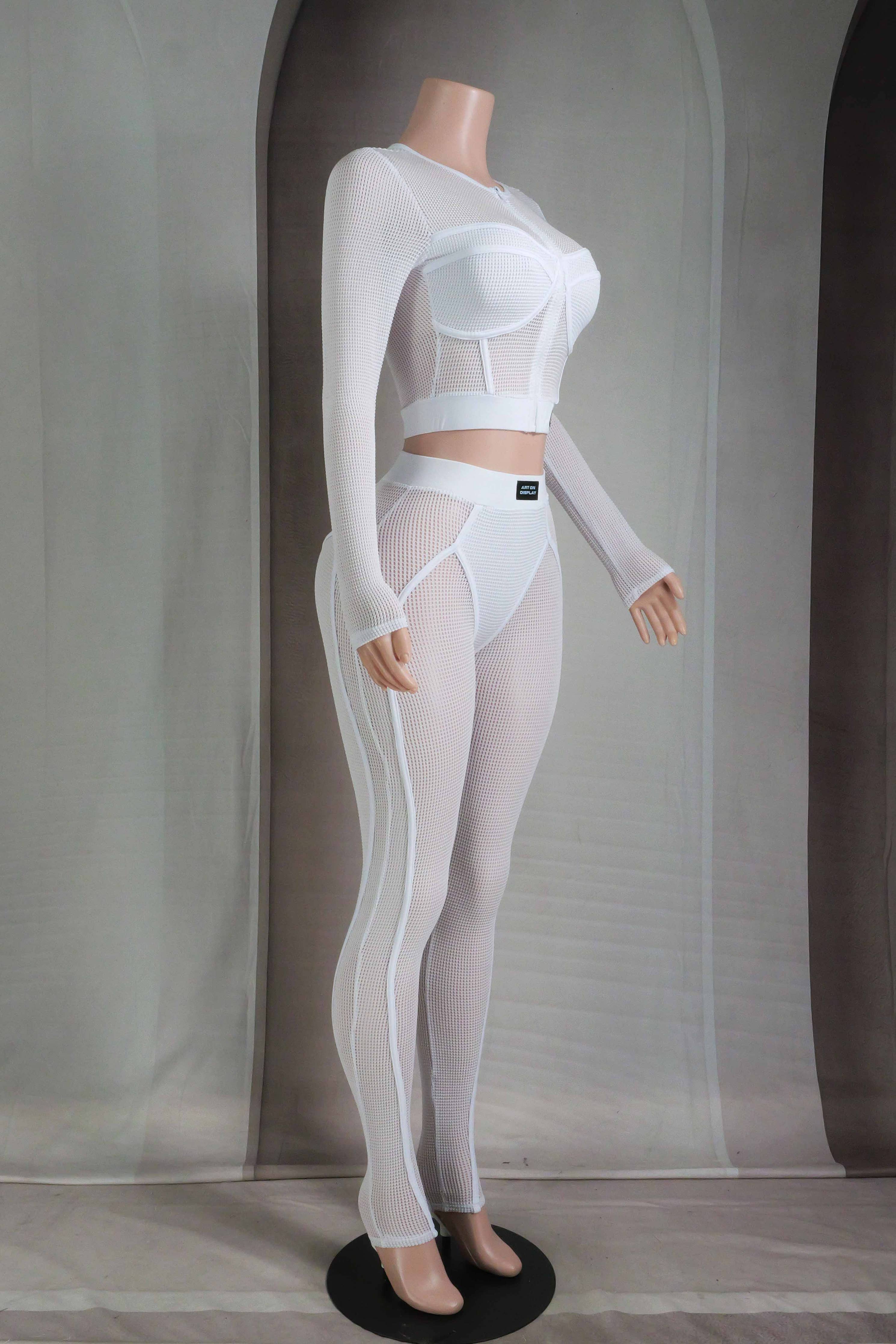 popcorn mesh long sleeve top legging set chic women outfit