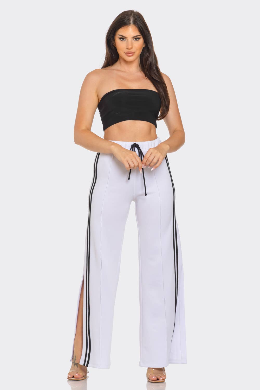 Slit Two White Stripes Flare Pants