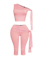 PLUS SIZE One shoulder tied capri leggings set