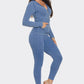 Washed Seamless Rib Zip Up Hoodie Jacket And Leggings Set