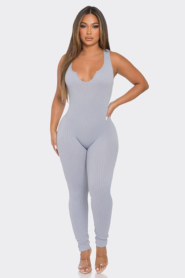 Seamless Ribbed Split V Neck Jumpsuit