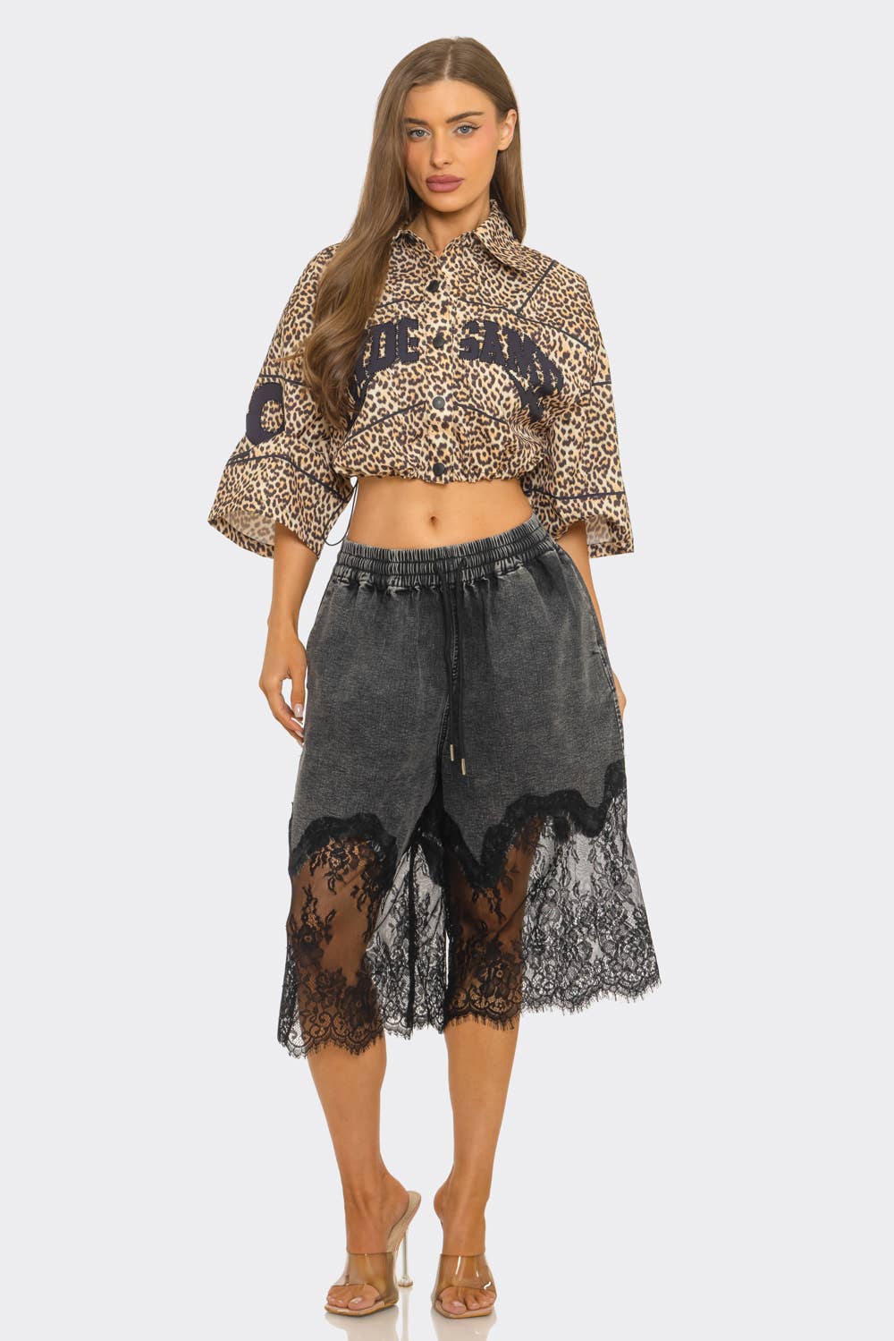 Leo Print Rhinestone Graphic Cropped Shirt Jacket
