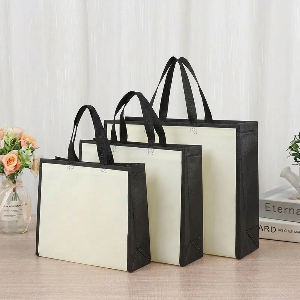 50pcs, 3 Size Light Beige w/ Black Border Non-woven Gift Bag