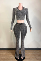 MINERAL WASH CONTRAST COLLARED TOP & PANT SET
