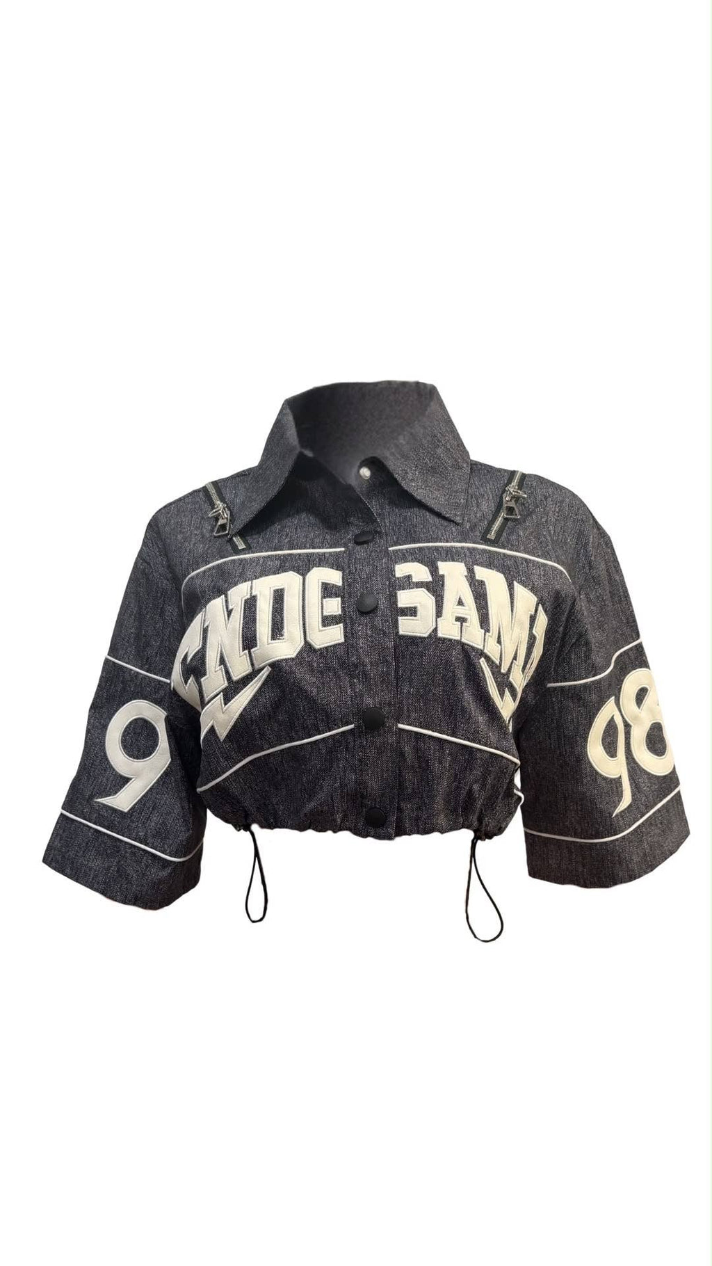 NT1278A Denim Print Fabric Crop Zip Detail Shirt Jacket