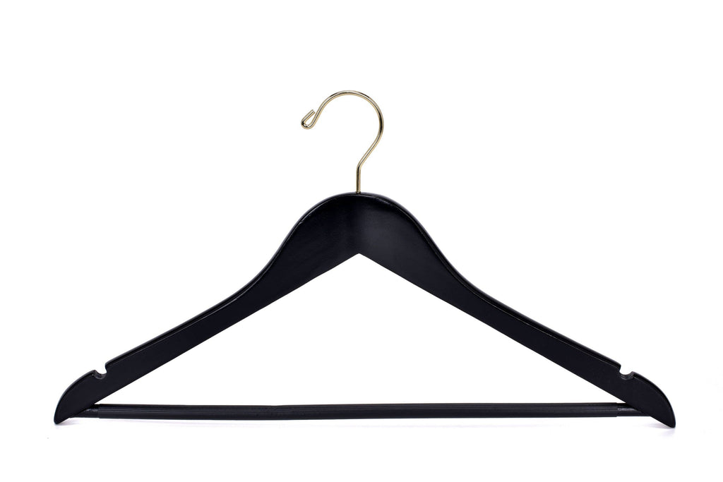 W070-30 Semi Curved Wooden Hangers, 17.5" -Black/Gold Hook