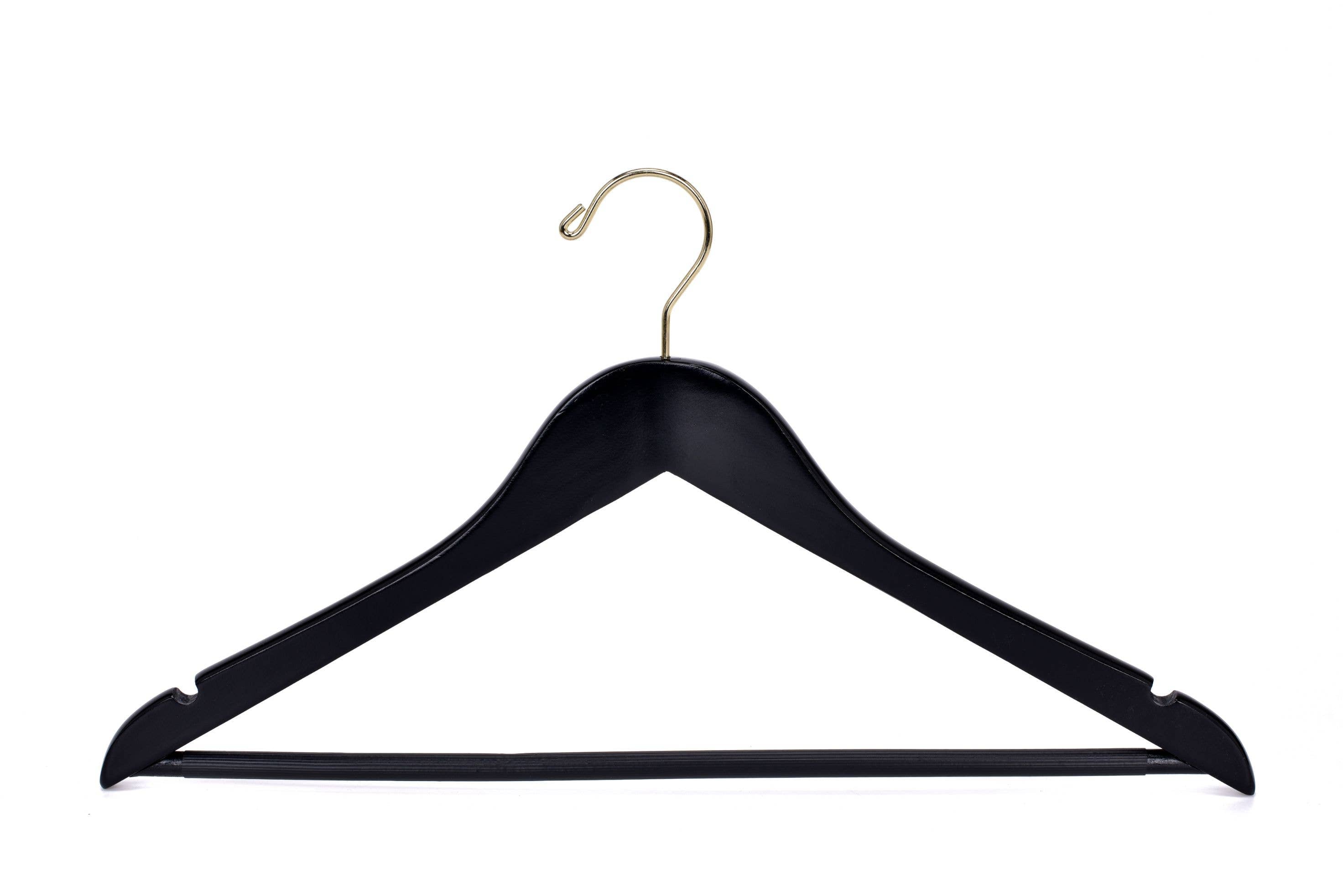 W070-30 Semi Curved Wooden Hangers, 17.5" -Black/Gold Hook