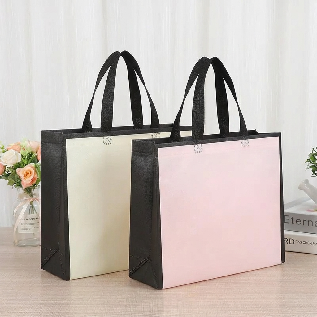 50pcs, 3 Size Light Beige w/ Black Border Non-woven Gift Bag