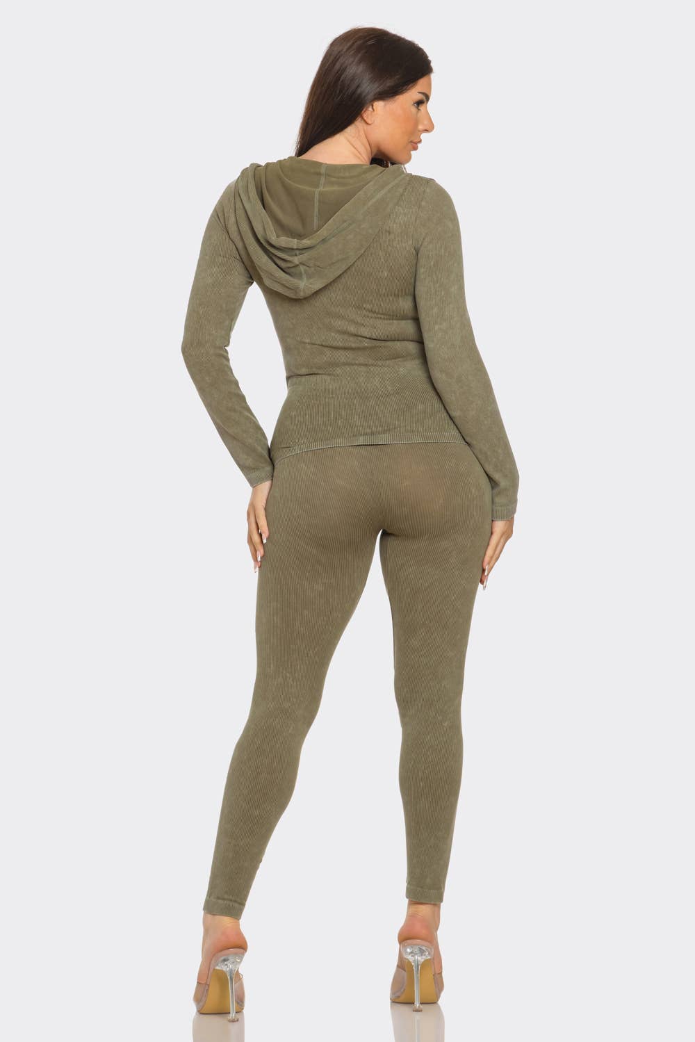 Washed Seamless Rib Zip Up Hoodie Jacket And Leggings Set