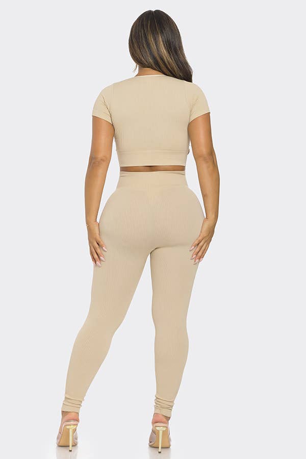 2 Pcs Seamless V Neck Split Neck Top and Legging Set