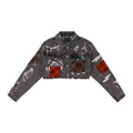 PLAID APPLIQUE DENIM CROP TRUCKER JACKET