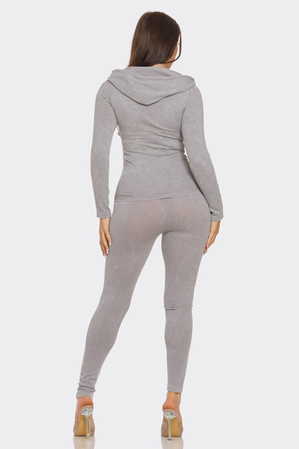Washed Seamless Rib Zip Up Hoodie Jacket And Leggings Set