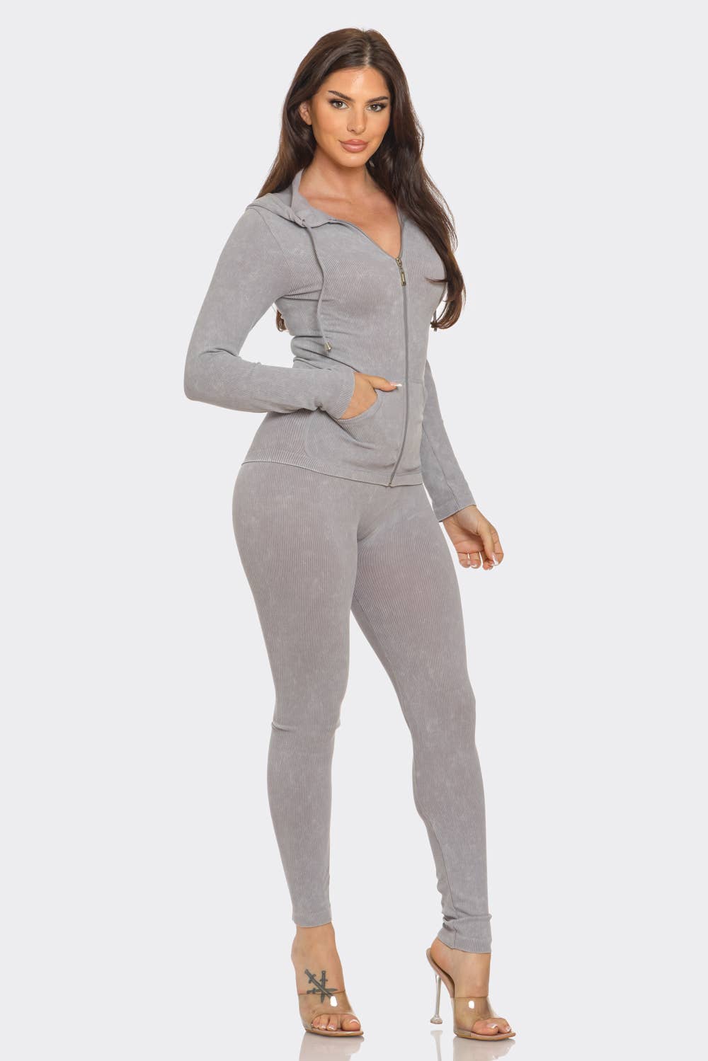Washed Seamless Rib Zip Up Hoodie Jacket And Leggings Set
