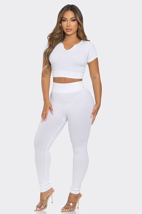 2 Pcs Seamless V Neck Split Neck Top and Legging Set