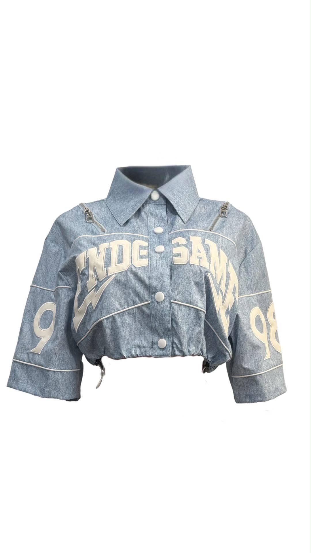 NT1278A Denim Print Fabric Crop Zip Detail Shirt Jacket