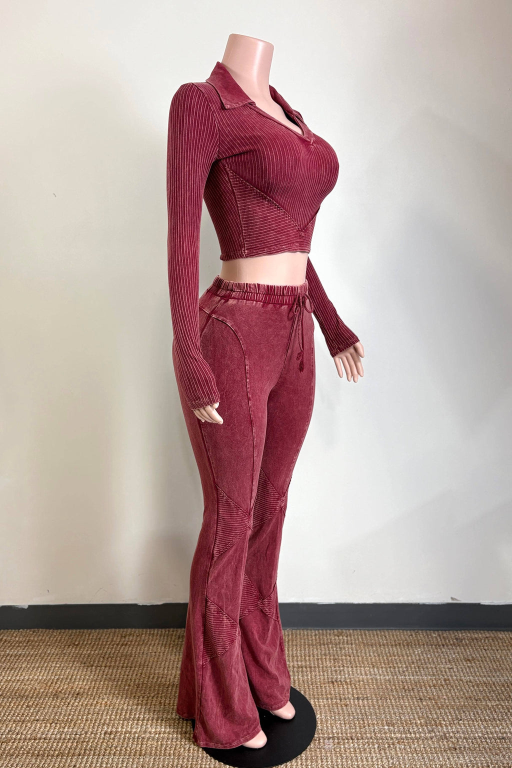 MINERAL WASH CONTRAST COLLARED TOP & PANT SET