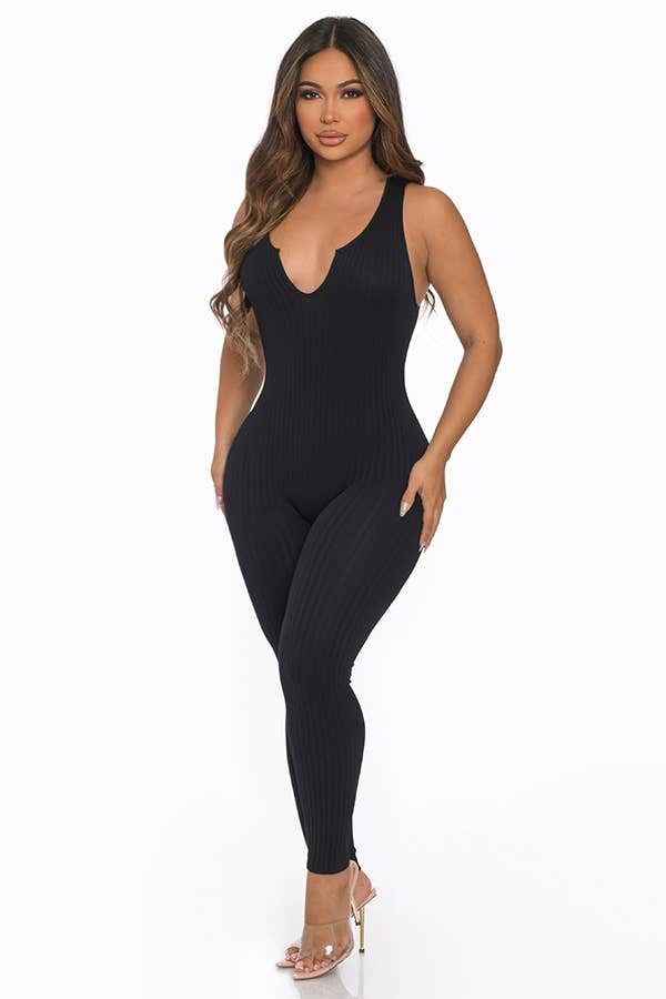 Seamless Ribbed Split V Neck Jumpsuit