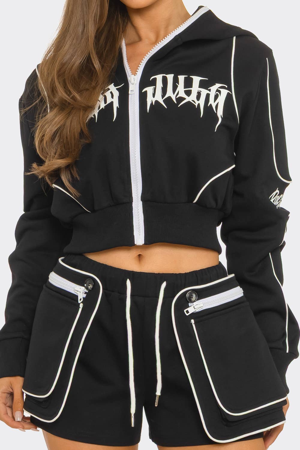 Contrast Graphic Cropped Hoodie And detailed Short