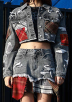 PLAID APPLIQUE DENIM CROP TRUCKER JACKET