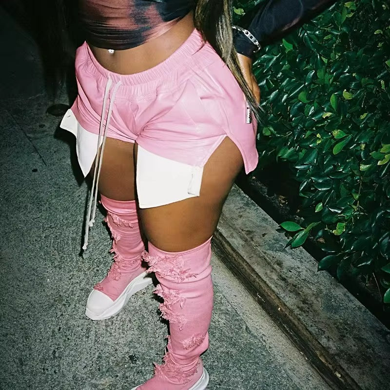 Pretty Pink Pleather Shorts for Women front view