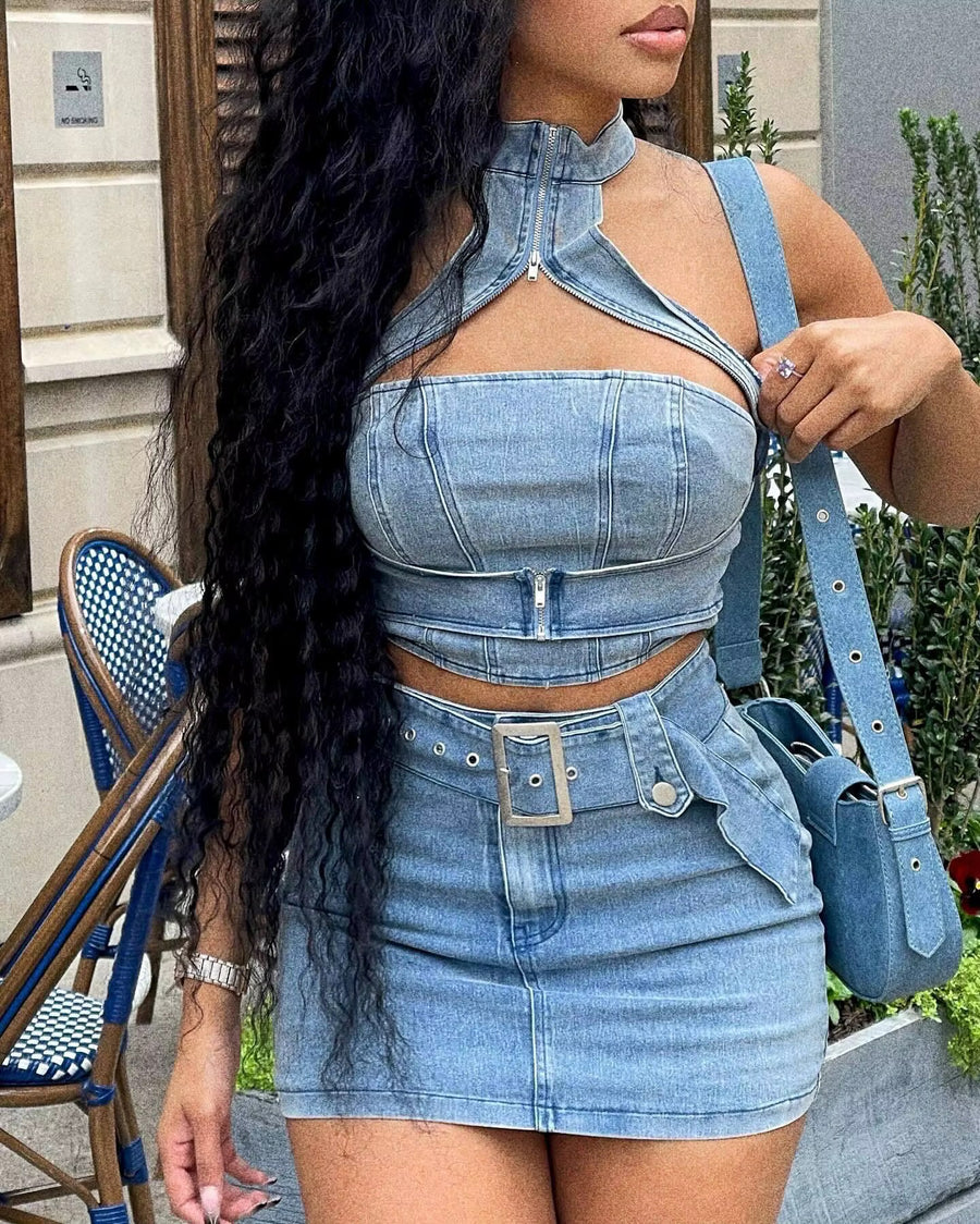 Denim diva two piece skirt set
