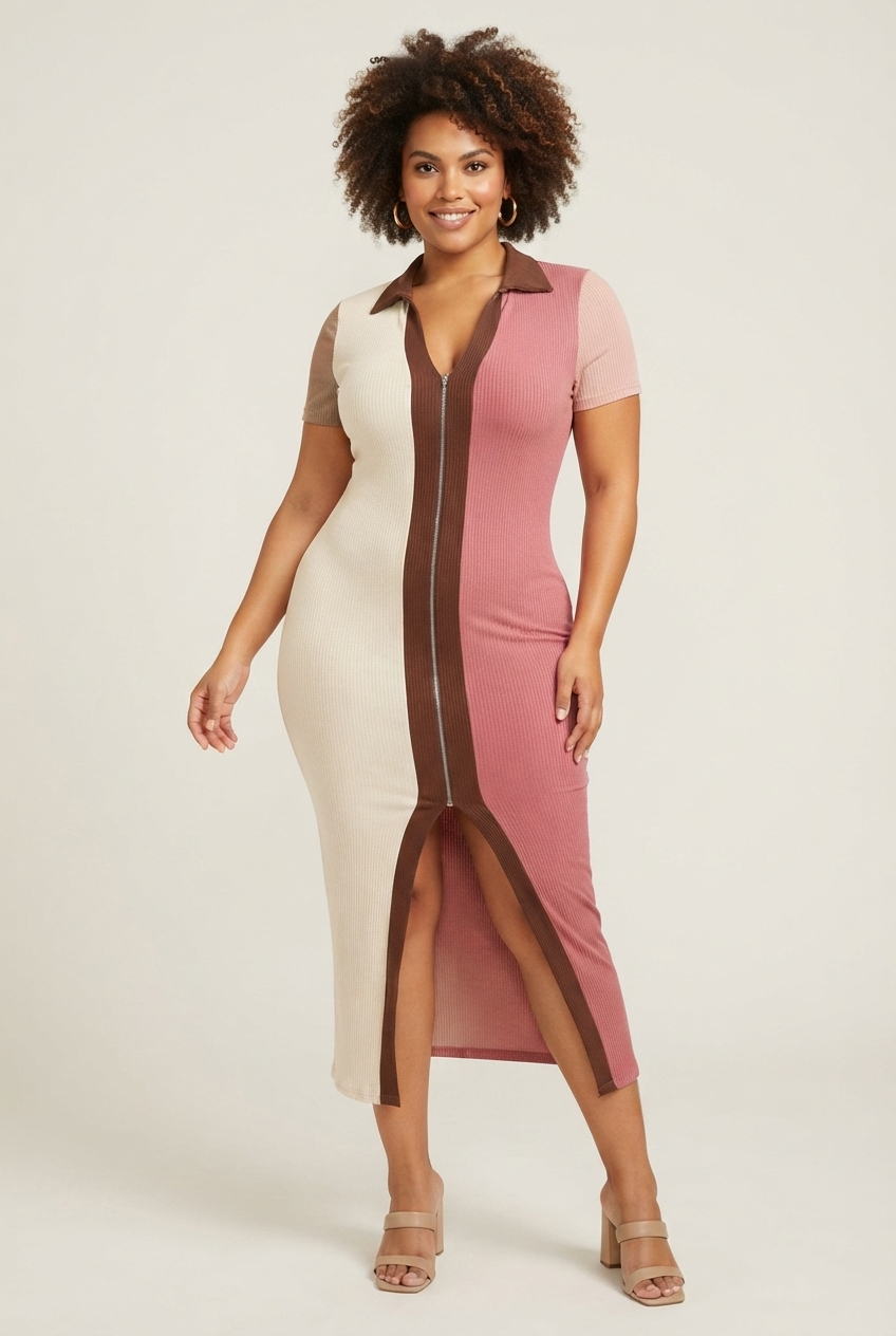 PLUS SIZED Color blocked zipper closure dress
