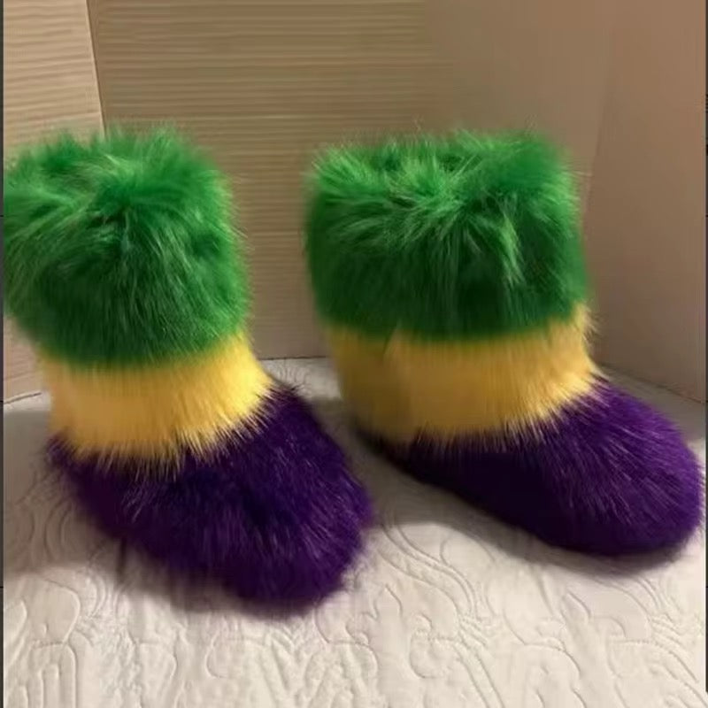 Mardi Gras Short Fur Boots – Front View