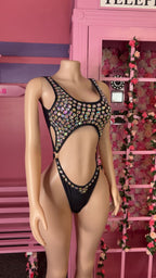 Crystal Temptation Set – Sparkle Rhinestone Two Piece Outfit displayed on a mannequin with vibrant colors.