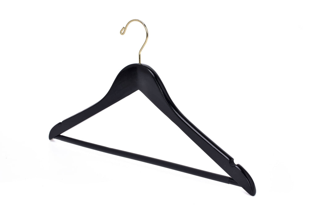 W070-30 Semi Curved Wooden Hangers, 17.5" -Black/Gold Hook