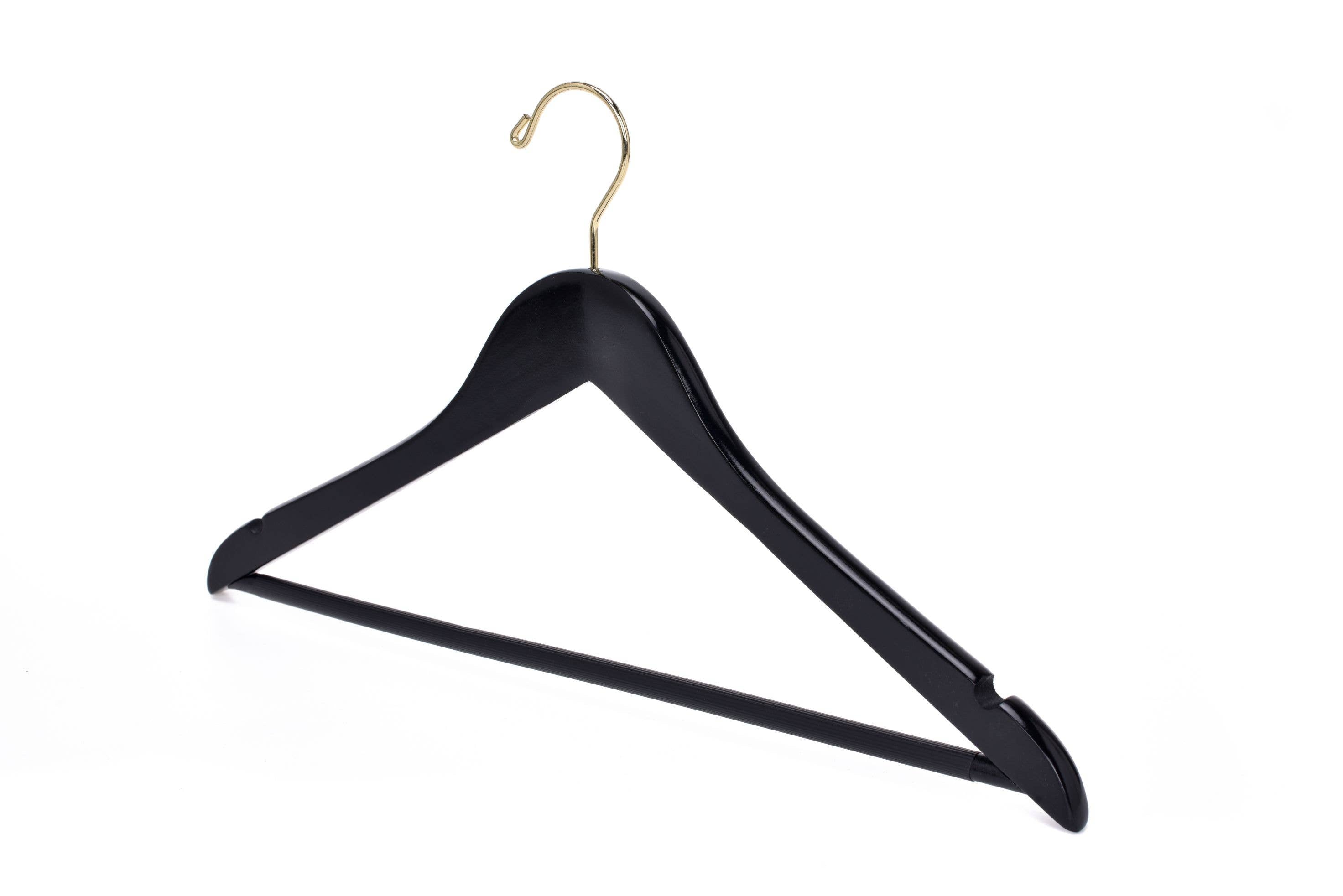 W070-30 Semi Curved Wooden Hangers, 17.5" -Black/Gold Hook