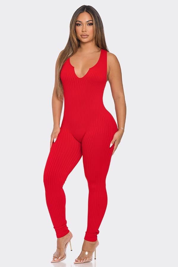 Seamless Ribbed Split V Neck Jumpsuit