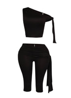 PLUS SIZE One shoulder tied capri leggings set
