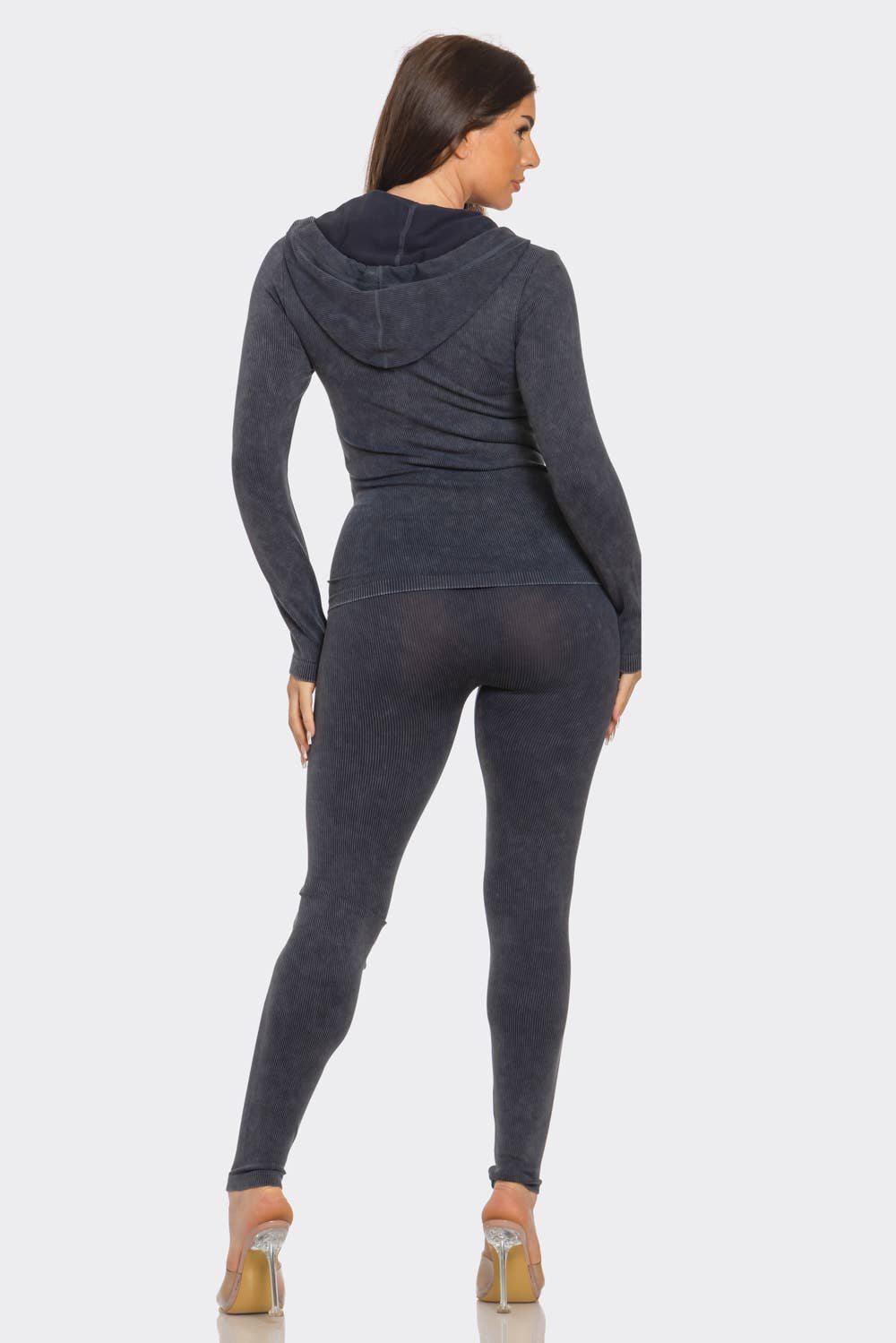Washed Seamless Rib Zip Up Hoodie Jacket And Leggings Set