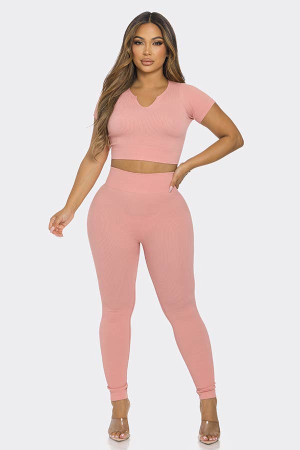2 Pcs Seamless V Neck Split Neck Top and Legging Set