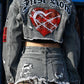 PLAID APPLIQUE DENIM CROP TRUCKER JACKET
