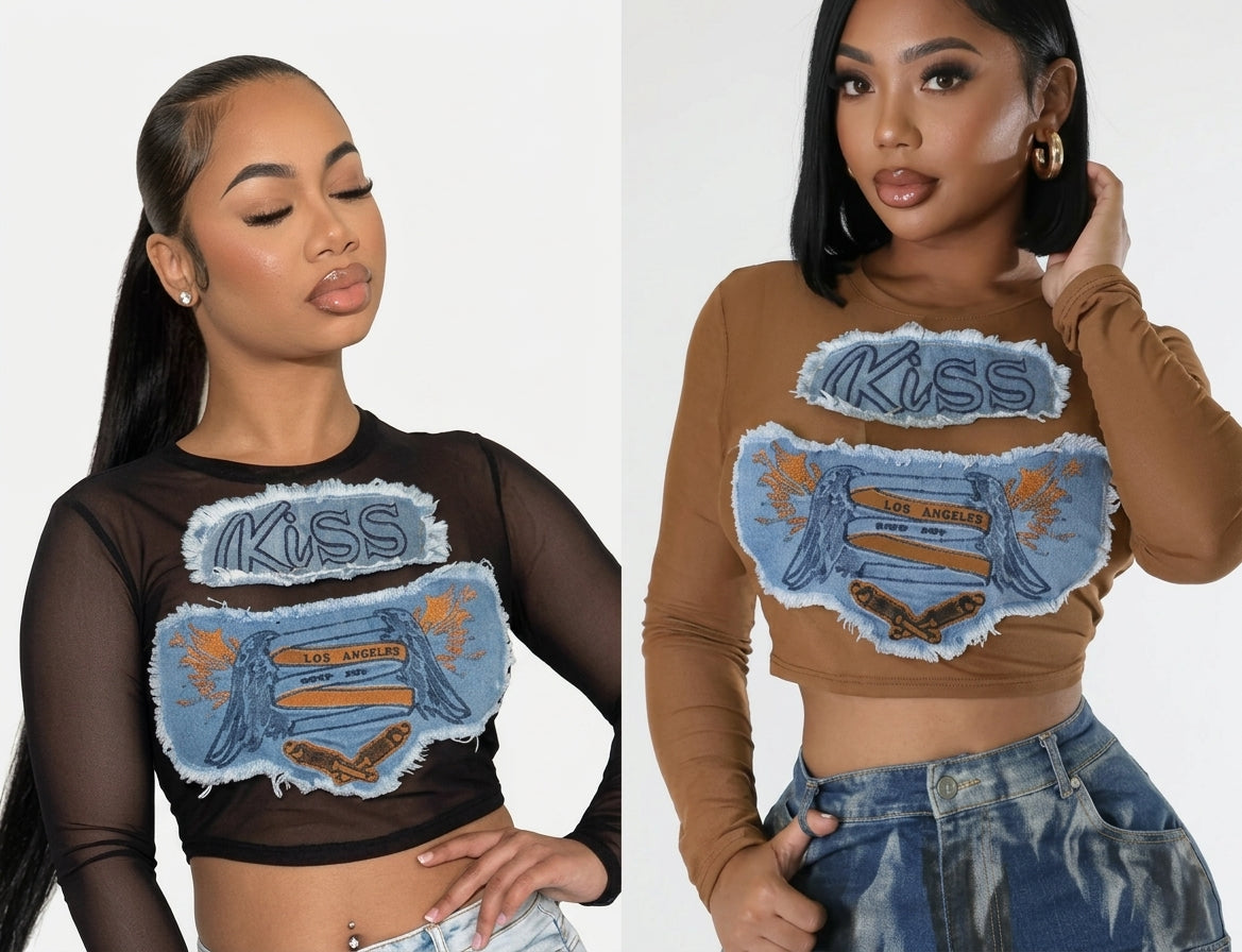 Crop graphic mesh shirt