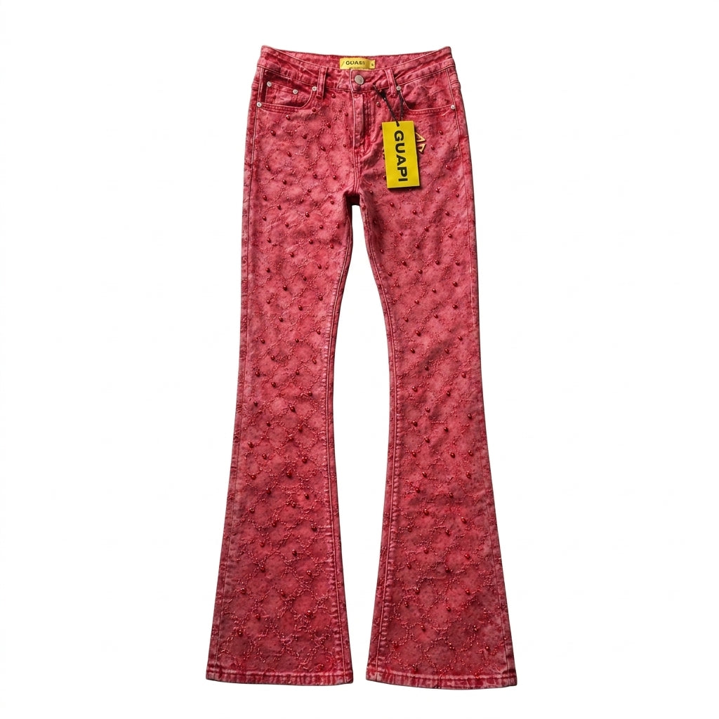 Red Diamond Guapi Jeans – Luxury Stacked Embellished Streetwear Denim