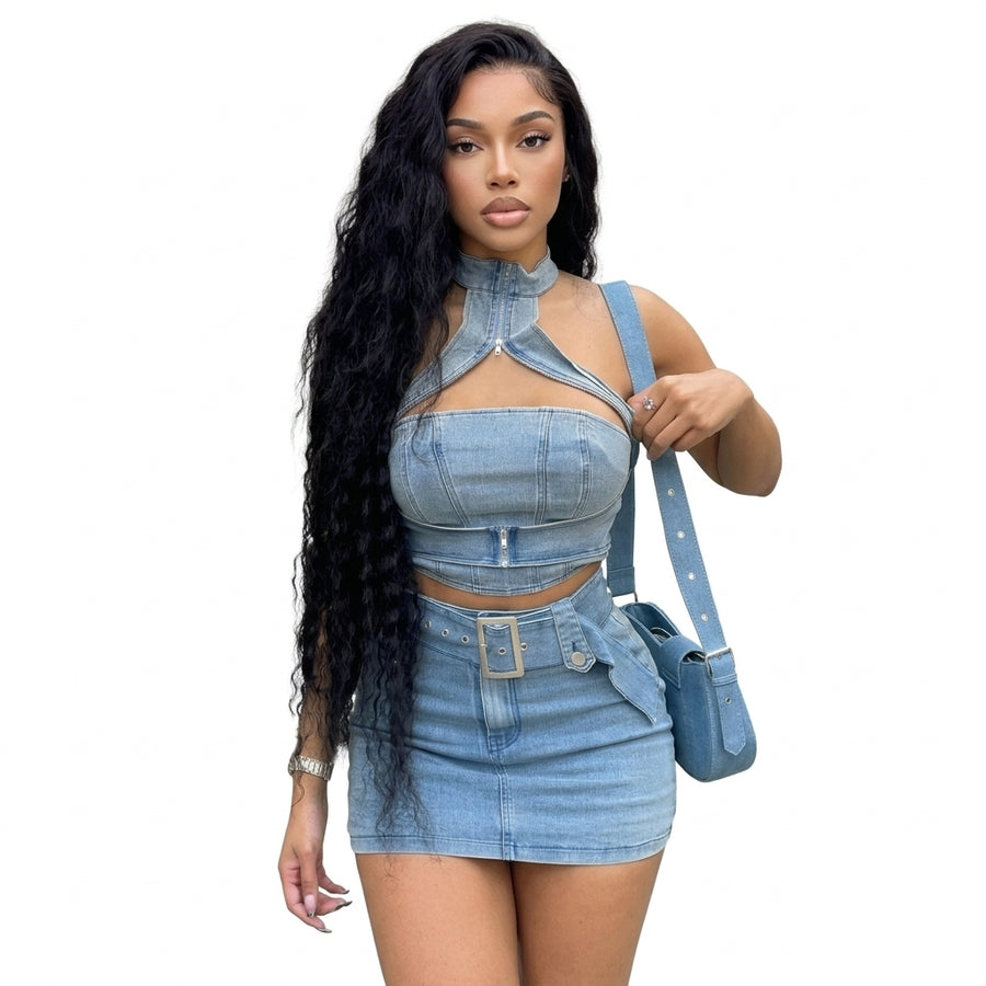 Denim diva two piece skirt set