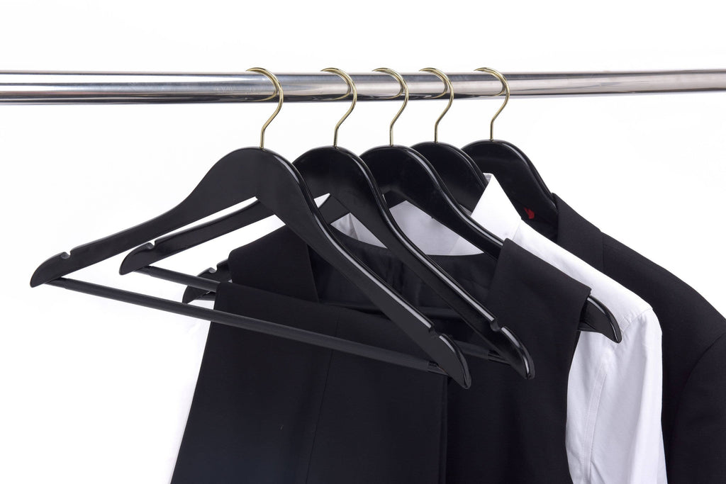W070-30 Semi Curved Wooden Hangers, 17.5" -Black/Gold Hook