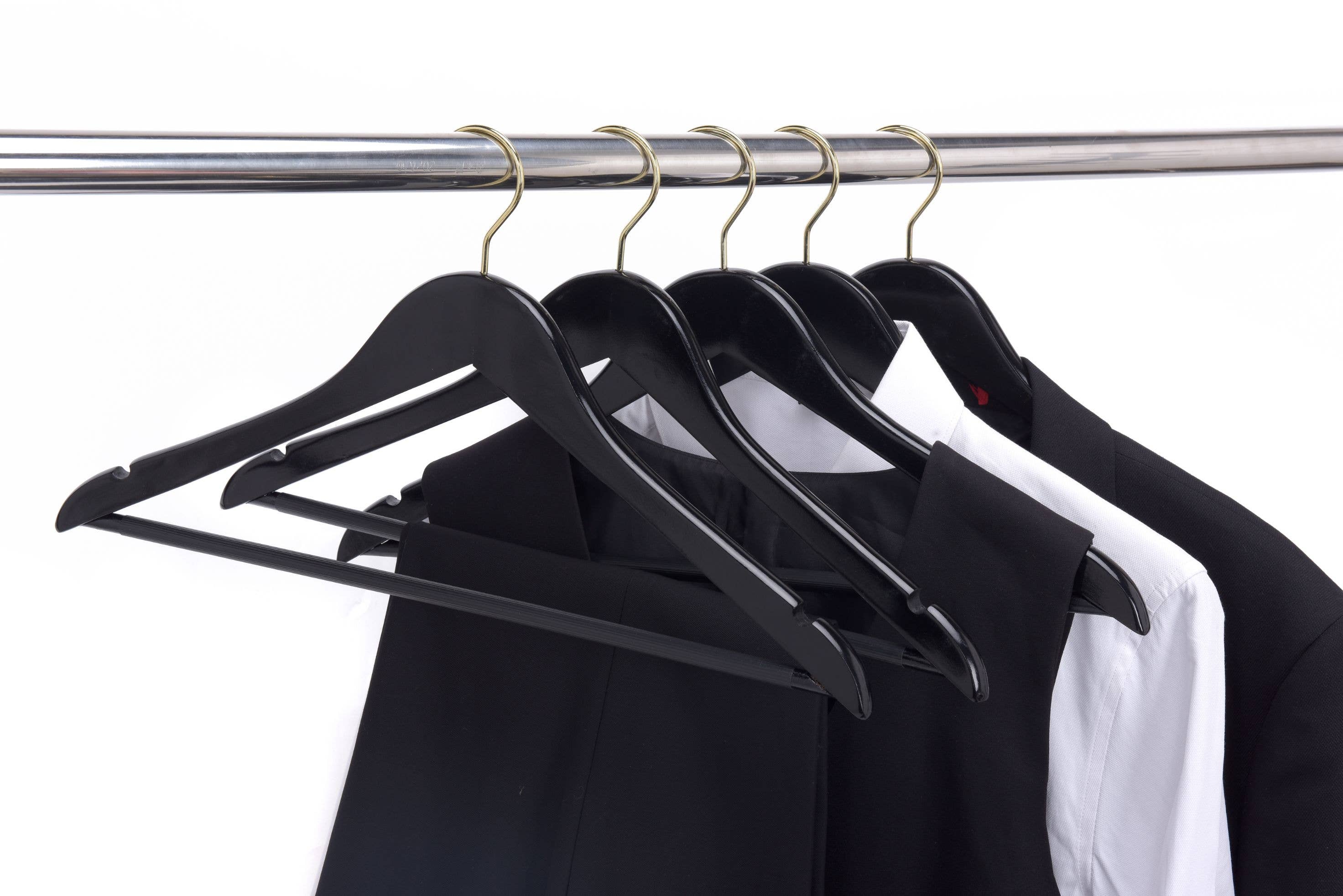 W070-30 Semi Curved Wooden Hangers, 17.5" -Black/Gold Hook