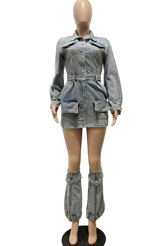 denim mini dress and leg warmers set trendy party outfit