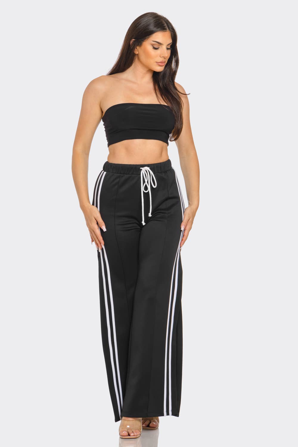 Slit Two White Stripes Flare Pants
