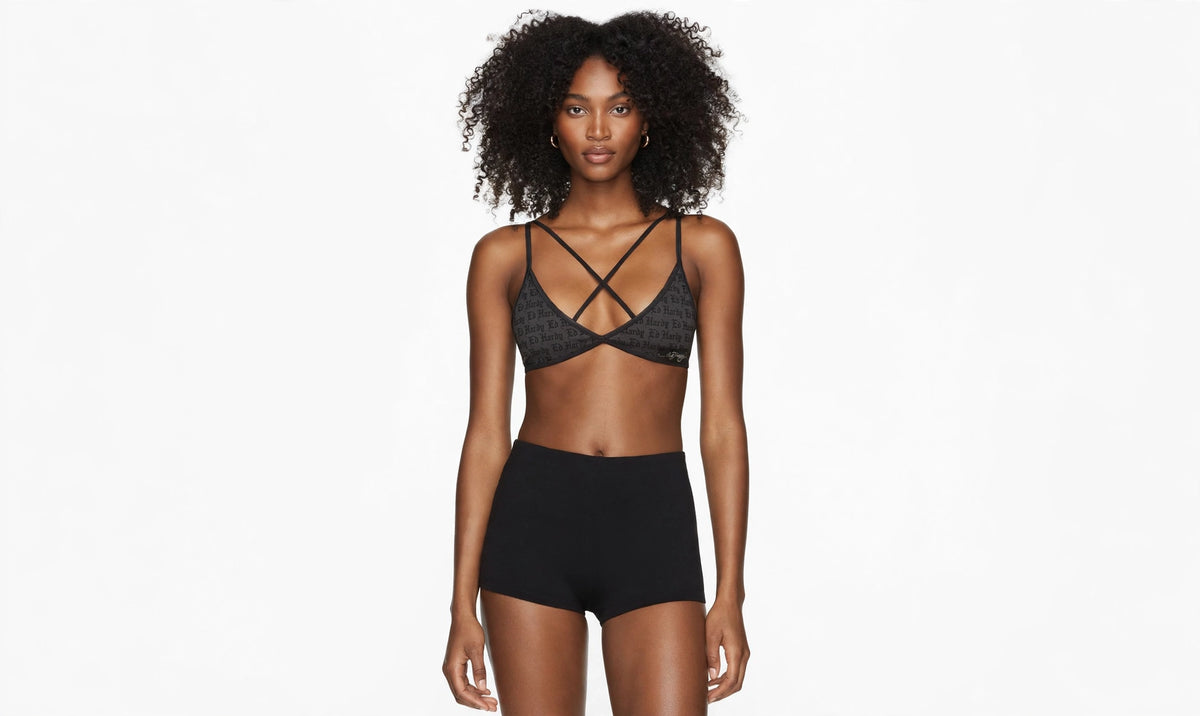 Black Flocked Logo Mesh Criss Cross Bralette